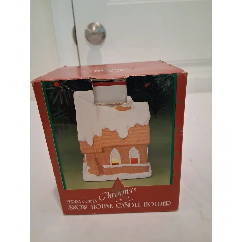 Vintage 1980s 1990s Terracotta Christmas Snow House Votive Candle Holder Box